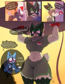 1boy 1girl ? abs artist_name arzyparzy bending_machine blue_fur blush breasts coin embarrassed english_text fingerless_gloves furry gen_4_pokemon gloves goya_(lucyfer) highres jacket kneeling large_breasts lucario meme meowscarada muscular muscular_female nintendo pokemon red_eyes reference shorts size_difference speech_bubble sportswear sweat tall_female vending_machine white_fur worried