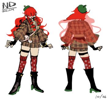 1girl bag boots breasts gloves hat heel_up high_heels highres large_breasts long_hair long_sleeves nd_1229 pale_skin red_hair shermie_(kof) skirt socks standing sweater the_king_of_fighters thick_thighs thighs twintails