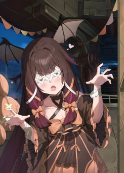 1girl alternate_costume bandages bat_wings black_hair brown_dress claw_pose closed_eyes columbina_(genshin_impact) dress eye_mask facing_viewer fang frilled_sleeves frills genshin_impact hair_ribbon head_wings heart highres jack-o&#039;-lantern krux_(k_krux) long_hair mask multicolored_hair open_mouth orange_ribbon pumpkin purple_hair ribbon solo two-tone_hair upper_body wide_sleeves wings