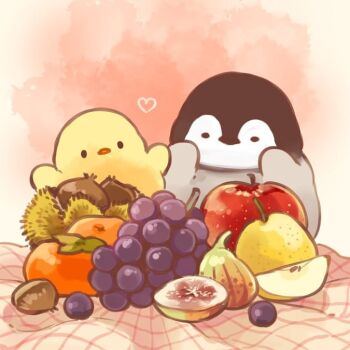 animal_focus apple baby_animal beak bird black_eyes chick commentary_request food fruit fruit_request grapes hands_on_own_cheeks hands_on_own_face heart looking_at_food mofupiyo no_humans orange_background original pear penguin penguin_chick persimmon solid_oval_eyes table tablecloth two-tone_background yellow_background