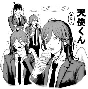 Rule 34 | 2boys, angel devil (chainsaw man), angel wings, blank speech bubble, chainsaw man, collared shirt, crossed arms, eating, greyscale, hair between eyes, halo, hashtag-only commentary, hayakawa aki, height difference, holding, holding ice cream cone, ice cream cone, jacket, long hair, looking at another, male focus, monochrome, multiple boys, necktie, no halo, open clothes, open jacket, rigeshita, shirt, short hair, simple background, speech bubble, suit jacket, translation request, weapon, weapon on back, white background, wings, yawning
