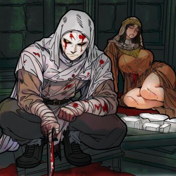 Rule 34 | 1boy, 1girl, belt, blood, blood from mouth, blood on clothes, blood on gloves, blood on mask, boots, breasts, brown dress, brown hair, closed eyes, commentary, cowl, dress, elden ring, english commentary, finger maiden therolina, gameplay mechanics, highres, holding, holding knife, hood, in-universe location, knife, large breasts, long hair, mask, master dcj, pool of blood, squatting, torn clothes, valentine, white-faced varre, white mask