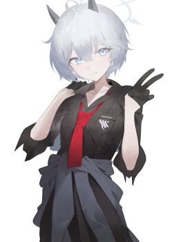 1girl black_gloves black_horns black_shirt blue_archive blue_eyes clothes_around_waist commentary_request demon_horns erika_(blue_archive) gehenna_academy_logo gloves grey_hair grey_halo half_gloves halo hands_up head_tilt highres horns jacket jacket_around_waist looking_at_viewer loose_necktie necktie red_necktie shirt short_hair sla2h_help smile solo v