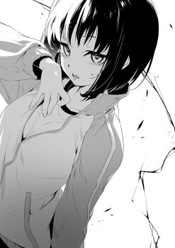 Rule 34 | 1girl, breasts, collarbone, female focus, highres, jacket, large breasts, long sleeves, looking at viewer, medium hair, monochrome, nilitsu, no bra, novel illustration, official art, open mouth, shirt under jacket, solo, solo focus, takitsubo rikou, teeth, toaru anbu no item, toaru majutsu no index, tongue, tongue out, upper teeth only