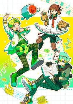 Rule 34 | > <, 3boys, absurdres, alphabet, androgynous, animal ear hood, animal ears, anime coloring, aqua hair, architecture, arms up, bandai namco, beamed eighth notes, bear ears, bear ornament, bishounen, black hood, black hoodie, black sleeves, blonde hair, blush, book, boots, bracelet, brown hair, brown jacket, brown pants, brown shoes, brown sleeves, buttons, closed eyes, closed mouth, clothes around waist, clothes down, collarbone, collared shirt, colored bangs, commentary request, crossed bangs, dot nose, double-parted bangs, drawstring, dress shirt, drum, earrings, east asian architecture, eighth note, english text, erlenmeyer flask, fake animal ears, flask, fox mask, full body, fur hood, gold buttons, green boots, green eyes, green hair, green jacket, green pants, green shirt, green sleeves, grey pants, grid background, hair between eyes, headphones, highres, holding, holding notebook, hood, hood down, hoodie, humanization, hyottoko mask, instrument, jacket, jacket around waist, jewelry, kabuki kid (hyottoko) (taiko no tatsujin), kabuki kid (hyottoko) (wadiverse) (taiko no tatsujin), kabuki kid (kitsune) (taiko no tatsujin), kabuki kid (kitsune) (wadiverse) (taiko no tatsujin), kabuki kid (okame) (taiko no tatsujin), kabuki kid (okame) (wadiverse) (taiko no tatsujin), komachi beni, lapels, layered sleeves, legs apart, light blush, loafers, logo print, long shirt, long sleeves, looking at object, looking at viewer, mask, mask around neck, mask on head, multicolored eyes, multicolored hair, multiple boys, musical note, necktie, nose, notched lapels, notebook, official art, okame (mask), open book, open clothes, open jacket, open mouth, open shirt, orange hair, outline, pants, paw print, paw print ornament, piano keys, piercing, plaid clothes, plaid pants, plaid shoes, pom pom (clothes), ponytail, print jacket, print shirt, profile, protractor, purple eyes, red necktie, sailing ship, saturated, second-party source, set square, ship, shirt, shoe soles, shoes, short hair, sidelocks, silver earrings, single hair intake, single sleeve past fingers, sleeve cuffs, sleeves past wrists, sleeves rolled up, smile, solid circle eyes, sparkle, spiked hair, star (symbol), streaked hair, sweater jacket, t-shirt, taiko drum, taiko no tatsujin, tenteko mai51, clothes writing, three-quarter sleeves, tongue, tsurime, two-tone eyes, two-tone hair, unbuttoned, unbuttoned shirt, undercut, unworn mask, very short hair, wada don, watercraft, white mask, white shirt, white sleeves, wing collar, wristband, yellow eyes, yellow outline