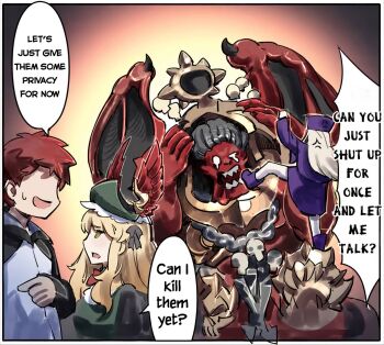 1boy 1girl 2girls alpha_legion angron armor armor_of_mars_(warhammer) black_hair black_jacket breastplate breasts butchers_nails cable chaos_(warhammer) daemon_prince demon dress emiya_shirou fate/stay_night fate_(series) full_armor gloves glowing gold_armor gorechild gorget green_dress green_eyes green_gloves hair_ribbon hair_tubes hat highres illyasviel_von_einzbern jacket lion_el'jonson long_hair long_sleeves looking_at_viewer male_focus multiple_girls ornate_armor power_armor primarch purple_dress purple_hat ribbon scar scar_on_face shinnasuka025 sweater third-party_source vest warhammer_40k white_jacket wings world_eaters