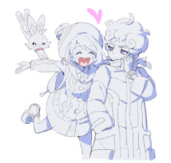 1boy 1girl :d ^_^ backpack bag bede_(pokemon) blush bob_cut cardigan closed_eyes coat curly_hair dede_(qwea_00000) dress frown gen_8_pokemon gloria_(pokemon) gloves hand_in_pocket hat heart imminent_hug looking_back nintendo open_mouth outstretched_arms pokemon pokemon_swsh purple_eyes scorbunny short_hair sleeves_rolled_up smile spot_color spread_arms tam_o'_shanter white_background