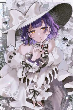 1girl :o artist_name bad_tag bare_shoulders beads black_bow blurry blush bokeh bow brooch choker corset cowboy_shot cross-laced_clothes depth_of_field dress english_text finger_to_mouth flower frilled_skirt frills gem gloves gothic_lolita hashtag-only_commentary hat hat_bow highres jewelry lace_trim large_bow leaf lipnocoa lolita_fashion looking_at_viewer monochrome_background multicolored_nails nail_polish nanase_suzuna nijisanji orange_eyes puffy_sleeves purple_hair red_gemstone rose see-through_clothes see-through_veil short_hair shushing signature skirt sleeve_bow smile solo sparkle veil white_dress white_flower white_gloves white_hat white_rose white_skirt witch witch_hat