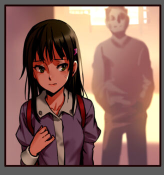 Rule 34 | 1boy, 1girl, as109, backpack, bad id, bad pixiv id, bag, black hair, blush, breasts, green eyes, hair ornament, hairclip, hands in pockets, long hair, shoujo to ura roji, small breasts, solo focus, sweat