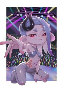 1girl artist_collaboration bracelet breasts crowd eyeliner facing_viewer gasshi555 glowstick grey_hair jajanome jewelry kneeling looking_at_viewer makeup navel nintendo octoling outstretched_arm outstretched_hand red_eyes ribs shiver_(grand_festival)_(splatoon) shiver_(splatoon) small_breasts smile solo solo_focus splatoon_(series) splatoon_3 stage stomach_tattoo tattoo tentacle_hair