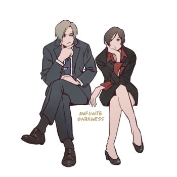 1boy 1girl ada_wong bare_legs blonde_hair blue_eyes blue_suit brown_eyes brown_hair couple crossed_legs formal_clothes high_heels highres jacket leon_s._kennedy miniskirt namiru319 pale_skin red_shirt resident_evil resident_evil:_infinite_darkness resident_evil_2 resident_evil_2_(remake) resident_evil_4 resident_evil_4_(remake) resident_evil_6 shirt short_hair sitting skirt suit