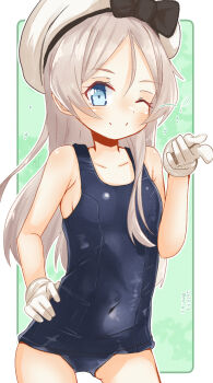1girl black_one-piece_swimsuit blue_eyes breasts collarbone commentary_request covered_navel cowboy_shot gloves green_background grey_hair hair_between_eyes hand_on_own_hip hat highres javelin_(kancolle) kantai_collection long_hair looking_at_viewer mf_u_c one-piece_swimsuit one_eye_closed outside_border partial_commentary sailor_hat school_swimsuit small_breasts solo split_mouth swimsuit white_gloves white_hat