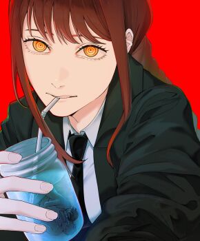 Rule 34 | 1boy, 2girls, black hair, black jacket, black necktie, blonde hair, braid, chainsaw man, collared shirt, commentary request, denji (chainsaw man), drinking straw, hair bun, highres, holding, holding jar, jacket, jar, long hair, mason jar, multiple girls, necktie, nude, okiba0, orange eyes, parted lips, partially submerged, red background, red hair, reze (chainsaw man), ringed eyes, shirt, short hair, sidelocks, single braid, suit jacket, updo, upper body, white shirt