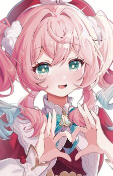 1girl aqua_bow aqua_bowtie aqua_eyes aqua_hair blush bow bowtie dot_nose dress four-finger_heart_hands geumxxi gradient_hair hair_intakes hashtag-only_commentary hat heart heart_hands highres honkai:_star_rail honkai_(series) hyacine_(honkai:_star_rail) layered_dress long_sleeves looking_at_viewer multicolored_hair open_mouth pink_hair red_dress red_hat simple_background smile solo star_(symbol) star_in_eye symbol_in_eye twintails two-tone_hair upper_body white_background white_dress