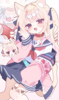 1girl absurdres blonde_hair cat_girl cat_tail chibi chibi_inset colored_inner_hair demon_wings extra_ears hair_intakes hair_ribbon highres jacket kemonomimi_mode long_hair makaino_ririmu makaino_ririmu_(4th_costume) multicolored_hair mxwux nijisanji pink_jacket pleated_skirt pointy_ears ribbon sailor_collar school_uniform serafuku skirt tail tattoo two-tone_hair two_side_up virtual_youtuber winged_heart winged_heart_tattoo wings