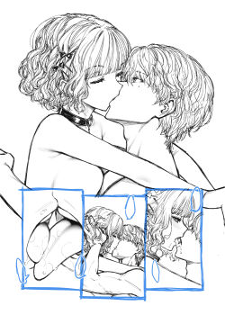 1boy 1girl blank_speech_bubble bow breast_press breasts choker closed_eyes french_kiss from_side hair_bow hair_over_eyes hand_in_another&#039;s_hair hetero highres hug kiss mole mole_under_eye monochrome multiple_views mushi024 mutual_hug nude original profile saliva speech_bubble teeth tongue tongue_out wavy_hair