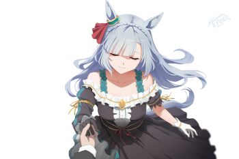 Rule 34 | 1girl, acreen, animal ears, artist name, asymmetrical gloves, asymmetrical sleeves, black dress, black gloves, blue hair, blunt bangs, braid, breasts, closed eyes, collarbone, crown braid, dress, frilled dress, frills, gloves, hair ornament, highres, holding hands, horse ears, horse girl, long hair, medium breasts, mejiro ardan (clinochlore line) (umamusume), mejiro ardan (umamusume), mismatched gloves, off-shoulder dress, off shoulder, signature, simple background, smile, umamusume, watermark, white background, white gloves