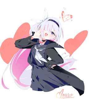 1girl :d \|||/ absurdres artist_name black_choker black_coat black_hairband black_sailor_collar black_serafuku black_shirt black_skirt blue_archive blush bow braid chinese_commentary choker coat colored_inner_hair commentary_request cropped_legs dated floating_hair grey_eyes grey_hair hair_bow hair_ornament hair_over_one_eye hairband halo hand_on_own_hip hand_up head_tilt heart heart_background heart_halo highres long_hair long_sleeves looking_at_viewer making-of_available mixed-language_commentary multi-source_commentary multicolored_hair neckerchief one_eye_covered open_clothes open_coat open_mouth palms pink_hair plana_(blue_archive) red_halo sad_bread sailor_collar school_uniform serafuku shirt side_braid signature simple_background single_braid single_sleeve_past_wrist skirt smile solo two-tone_hair very_long_hair white_background white_bow white_neckerchief