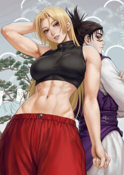 1boy 2girls abs absolute_cinema_(meme) armpits back-to-back black_hair breasts choso_(jujutsu_kaisen) crop_top crossed_arms extra_eyes eyelashes highres jujutsu_kaisen long_hair long_head looking_at_viewer meme multiple_girls pants parted_lips red_pants sciamano240 sleeveless tengen_(jujutsu_kaisen) tsukumo_yuki_(jujutsu_kaisen)
