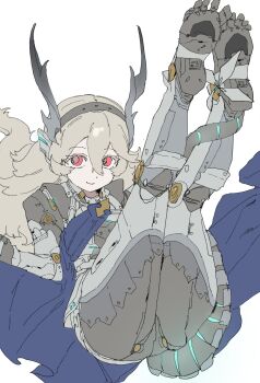 1girl absurdres ass aziemblemfates black_hairband blue_cape cape commentary_request dragon_girl dragon_horns dragon_tail female_corrin_(fate_dragon)_(fire_emblem) female_corrin_(fire_emblem) fire_emblem fire_emblem_fates fire_emblem_shadows grey_hair hair_between_eyes hairband highres horns korean_commentary legs_up long_hair looking_at_viewer mechanical_arms mechanical_hands mechanical_legs mechanical_tail nintendo official_alternate_costume red_eyes robot robot_girl solo tail thighs