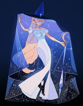 1girl alt_text bare_shoulders black_background black_boots blonde_hair blue_background blue_boots blue_hat blue_theme blue_veil blunt_bangs boots breasts cleavage cleavage_cutout closed_mouth clothing_cutout commentary crescent dark_background detached_sleeves dress earrings english_commentary floating front_slit full_body glowing gradient_boots hand_up hat highres jewelry liquid long_hair medium_breasts meyoco original print_veil sky_print solo staff star_(symbol) star_print starry_sky_print teardrop_cutout veil very_long_hair water white_dress witch_hat