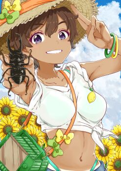 1girl aqua_bra aqua_panties armpit_peek bag between_breasts black_hair bra bra_peek bracelet breasts bug bug_cage cage clenched_teeth cloud cloudy_sky collarbone commentary day flower grin hands_up hat highleg highleg_panties highres holding_bug jewelry looking_at_viewer make_heroine_ga_oo_sugiru! medium_breasts mono9ron multiple_bracelets navel outdoors panties panty_peek purple_eyes reaching reaching_towards_viewer shirt short_hair shoulder_bag sky sleeve_rolled_up smile solo strap_between_breasts straw_hat string_panties sunflower tan tanline teeth tied_shirt underwear upper_body white_shirt yakishio_lemon