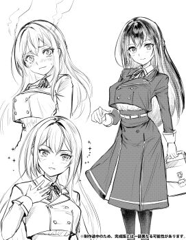 1girl absurdres breasts briefcase commentary_request danshi_kinsei_game_sekai_de_ore_ga_yarubeki_yuiitsu_no_koto_yuri_no_ma_ni_hasamaru_otoko_to_shite_tensei_shite_shimaimashita embarrassed greyscale head_steam highres holding holding_briefcase kusono_kameyo large_breasts light_smile long_hair monochrome official_art pantyhose ribbon sanjou_rei school_briefcase school_uniform smile solo sparkle translation_request wavy_mouth white_background