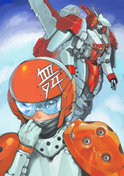 1girl absurdres aleste blue_visor cloud cloudy_sky commentary_request ellinor_weisen flying green_eyes highres koguma_hiroki looking_at_viewer machinery mecha mecha_pilot_suit musha_(mecha) musha_aleste removing_mask robot science_fiction sky