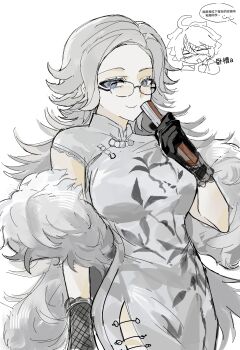 1boy 1girl absurdres aotsuki_eito black_gloves chibi chibi_inset china_dress chinese_clothes chinese_commentary chinese_text commentary_request cowboy_shot dress fishnet_gloves fishnets genderswap genderswap_(mtf) gloves grey_eyes hand_fan hand_up highres holding holding_fan long_hair paper_fan side_slit speech_bubble sumino_takumi the_hundred_line_-last_defense_academy- translation_request white_background white_dress xuebai_de_yumao_553041