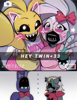 ... animal_ears animatronic battery_indicator black_sclera blue_eyes bow colored_sclera commentary dated drawn_ears drawn_whiskers english_commentary english_text five_nights_at_freddy's five_nights_at_freddy's:_security_breach five_nights_at_freddy's_2 glamrock_chica hair_bow highres kim_(my_thon) rabbit_ears red_bow roxanne_wolf selfie sharp_teeth smile star_(symbol) teeth toy_chica withered_bonnie wolf_ears