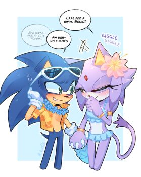 1boy 1girl animal_ears bikini blaze_the_cat blue_background blue_bikini blue_fur cat_ears cat_girl cat_tail commentary english_commentary eyewear_on_head flower forehead_jewel furry furry_female furry_male gloves green_eyes highres holding_hands kukuu midriff one_eye_closed open_clothes open_shirt purple_fur shirt signature simple_background smile sonic_(series) sonic_the_hedgehog speech_bubble swimsuit tail white_gloves