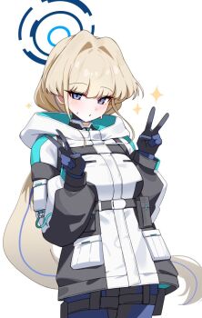 1girl blonde_hair blue_archive blue_eyes blue_halo blue_streaks breasts double_v halo hashtag-only_commentary hood jacket long_hair low_ponytail official_alternate_costume ponytail pouch solo sweat tay_(cdjk7758) toki_(armed)_(blue_archive) toki_(blue_archive) v