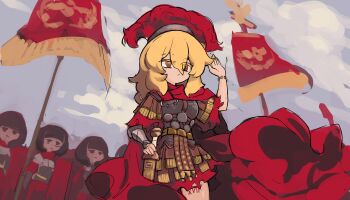 4girls absurdres armor banner body_writing cape centurii-chan centurii-chan_(character) cloud cloudy_sky commentary english_commentary hair_between_eyes highres holding holding_sword holding_weapon legionnaire multiple_girls orange_eyes original plume red_cape roman_armor roman_numeral sheath sheathed sky sword weapon