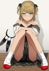 1boy androgynous animal_ears bare_shoulders blonde_hair blush bow bulge collarbone green_eyes hair_bow knees_together_feet_apart looking_at_viewer male_focus mary_janes nontraditional_playboy_bunny original plaid_clothes plaid_skirt playboy_bunny pleated_skirt rabbit_ears shoes short_twintails sitting skirt smile socks solo sunaba_(nczd5875) trap twintails white_socks