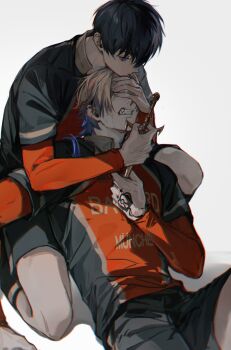 Rule 34 | 2boys, absurdres, bastard munchen soccer uniform, black hair, blonde hair, blue hair, blue lock, clenched teeth, collared shirt, commentary, compression shirt, crown tattoo, fangs, hand over another's eyes, hand tattoo, highres, holding, holding weapon, isagi yoichi, layered sleeves, long sleeves, looking at another, male focus, michael kaiser, multicolored hair, multiple boys, on person, pcal pcal, red shirt, shirt, short over long sleeves, short sleeves, soccer uniform, sportswear, stab, tattoo, teeth, two-tone hair, weapon