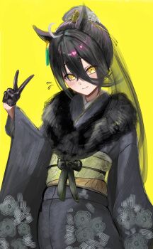 Rule 34 | 1girl, ahoge, amasa (ama sa3), animal ears, black gloves, black hair, black kimono, blush, closed mouth, commentary request, ear tag, earrings, floral print, floral print kimono, fur-trimmed kimono, fur trim, gloves, hair between eyes, highres, horse ears, horse girl, japanese clothes, jewelry, kimono, long bangs, long hair, long hair between eyes, long sleeves, looking at viewer, manhattan cafe (umamusume), multicolored hair, obi, ponytail, print kimono, sash, single earring, smile, solo, umamusume, v, very long hair, white hair, yellow eyes