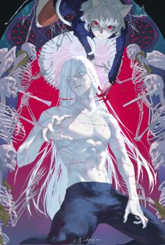 Rule 34 | 1boy, 1other, androgynous, animal ears, battle scarred, blank eyes, blue pants, cat ears, cat tail, clarinet, colored skin, eyelashes, flute, hashtag-only commentary, highres, hunter x hunter, instrument, kite (hunter x hunter), long hair, neferpitou, pants, red eyes, scalpel, scissors, skeleton, smile, syringe, tail, very long hair, whistle 0324, white hair, white skin