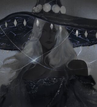 1girl bare_shoulders black_skin breasts cleavage colored_eyelashes colored_skin commentary constellation_print curtained_hair elden_ring elden_ring_nightreign expressionless grey_background grey_eyes hat highres large_breasts large_hat lips llalilalita long_hair looking_at_viewer official_alternate_costume ornate_clothes recluse_(elden_ring) solo symbol-only_commentary upper_body white_eyelashes white_hair witch_hat
