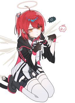 absurdres angel_wings arknights black_boots black_gloves black_jacket boots exusiai_(arknights) exusiai_the_new_covenant_(arknights) fingerless_gloves gloves halo highres jacket mewem333 official_alternate_costume official_alternate_hair_length official_alternate_hairstyle red_hair shirt thighhighs thighs white_shirt white_thighhighs wings yellow_eyes