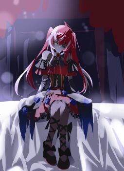 1girl absurdres ahoge ankle_bow ankle_lace-up ankle_ribbon bare_shoulders bed black_bow black_gloves black_pantyhose black_shoes blue_flower bow bowtie canopy_bed colored_skin commentary daaku_(koizumi_arata) dress elbow_gloves english_commentary eyepatch flower frown full_body gloves grey_skin hair_between_eyes highres hololive hololive_indonesia kureiji_ollie kureiji_ollie_(scarlet_moonlight_embrace) long_hair looking_at_viewer multicolored_hair off-shoulder_dress off_shoulder official_alternate_costume on_bed one_eye_covered pantyhose red_hair ribbon shoes sitting solo streaked_hair two-tone_hair virtual_youtuber