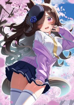 Rule 34 | 1girl, absurdres, alternate breast size (larger), alternate costume, animal ears, black hair, black tail, blue flower, blue hat, blue skirt, blue sky, blurry, blush, breasts, cardigan, cherry blossoms, commentary request, day, depth of field, falling petals, flipped hair, flower, hair over one eye, hat, hat flower, highres, horse ears, horse girl, horse tail, long hair, long sleeves, looking at viewer, medium breasts, open mouth, outdoors, petals, pink cardigan, pink petals, purple eyes, rice shower (umamusume), shirt, skindentation, skirt, skirt tug, sky, sleeves past wrists, solo, tail, thighhighs, thighs, tilted headwear, umamusume, wanderlucia, white shirt, white thighhighs, zettai ryouiki