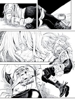 1girl arms_behind_back bike_shorts blindfold boots bound breasts bruise clothes_lift comic explosive female_focus gag gagged gloves highres improvised_gag injury knee_pads long_hair lying medium_breasts monochrome nipples no_bra on_side original peril red_hod shirt_lift solo sweat tape tape_bondage tape_gag tears