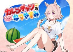 Rule 34 | 1girl, :q, absurdres, animal ears, barefoot, black shorts, blue sky, blush, breasts, brown hair, closed mouth, clothes writing, cloud, commentary request, curren chan (umamusume), day, dolphin shorts, food, fruit, goom (goomyparty), hair between eyes, heart, highres, holding, holding food, horse ears, horse girl, horse tail, knees up, popsicle, purple eyes, shirt, short shorts, short sleeves, shorts, sky, small breasts, smile, solo, tail, tongue, tongue out, translated, umamusume, watermelon, watermelon slice, white shirt