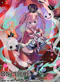 1girl belt blunt_bangs bow bowtie breasts capelet commentary_request copyright_logo copyright_name copyright_notice crop_top cropped_shirt crown feet_out_of_frame fur-trimmed_capelet fur_trim ghost holding holding_umbrella kicori large_breasts logo long_hair looking_at_viewer midriff navel official_art one_piece one_piece_card_game perona pink_bow pink_bowtie pink_hair red_capelet red_skirt shirt skirt solo star_(symbol) striped_clothes striped_thighhighs thighhighs tongue tongue_out twintails umbrella white_shirt