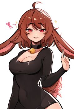Rule 34 | 1girl, absurdres, ahoge, animal ears, bell, black choker, black dress, blush, breasts, brown hair, choker, cleavage, closed mouth, collarbone, commentary, covered navel, dress, english commentary, highres, index finger raised, large breasts, long sleeves, looking at viewer, mole, mole on breast, neck bell, original, rabbit ears, rabbit tail, red eyes, rukia (rukiadaichi), rukiadaichi, scissors, short hair, simple background, smile, solo, tail, white background