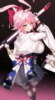 1girl animal_ears asymmetrical_gloves black_skirt bow bowtie breasts cherry_blossom_print cherry_blossoms commentary_request evanescia_(honkai:_star_rail) falling_petals floral_print flower fox_ears fox_girl from_behind gloves hair_between_eyes hair_flower hair_intakes hair_ornament highres holding holding_sword holding_weapon honkai:_star_rail honkai_(series) jacket large_breasts long_sleeves looking_at_viewer matrix16 mismatched_gloves obi pantyhose parted_lips petals pink_hair pleated_skirt purple_eyes red_bow red_bowtie sash shirt short_hair_with_long_locks skirt smile solo sword thigh_strap weapon white_jacket white_shirt