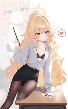 1girl absurdres alternate_costume alternate_hairstyle arm_support black_bra black_pantyhose black_skirt blonde_hair blue_archive blush bra bra_peek breasts closed_mouth collared_shirt commentary_request cuffs desk drawing_flover fluffy_hair green_eyes halo hand_up handcuffs heart highres holding holding_pointer huge_filesize loli long_hair long_sleeves looking_at_viewer on_desk pantyhose paper pencil_skirt pointer ponytail professor_niyaniya_(blue_archive) professor_niyaniya_(teacher)_(blue_archive) school_desk shirt shirt_tucked_in side_ahoge simple_background sitting skirt small_breasts smile spoken_heart teacher thighs underwear white_background white_shirt yellow_halo zoom_layer