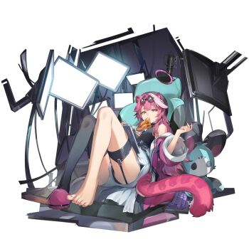 1girl absurdres animal_ears beret black_hat black_panties black_shirt black_thighhighs breasts center-flap_bangs chair chattino_(raora_panthera) commentary computer_keyboard double-parted_bangs extra_ears full_body goggles goggles_on_head hat high-waist_shorts highres hololive hololive_english jacket knees_up large_breasts long_hair looking_at_viewer medium_breasts microphone monitor mouth_hold multicolored_hair newbie_(newbie_132) on_chair panther_ears panther_girl panther_tail panties panty_peek pink_hair pink_jacket pink_slippers raora_panthera raora_panthera_(1st_costume) shirt shorts sidelocks single_bare_foot single_slipper single_thighhigh sitting sleeveless sleeveless_shirt slippers solo streaked_hair tail thigh_strap thighhighs toes underwear very_long_hair virtual_youtuber white_hair white_shorts yellow_eyes