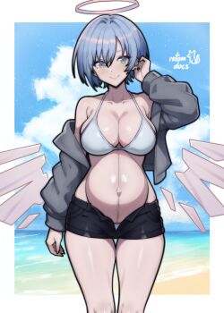 1girl absurdres angel arknights artist_logo artist_name beach bikini bikini_bottom_under_shorts bikini_under_clothes black_shorts blue_hair blue_sky border breasts cleavage closed_mouth commentary commission cowboy_shot day detached_wings ear_piercing english_commentary female_focus grey_jacket halo highres jacket jewelry large_breasts linea_nigra logo looking_at_viewer midriff navel ocean open_clothes open_fly open_jacket outdoors outie_navel piercing pregnant rotomdocs sand short_hair short_shorts shorts signature sky smile solo spuria_(arknights) swimsuit water white_bikini white_border wings