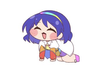 Rule 34 | 1girl, ^ ^, all fours, bag, blue hair, blush, cape, chibi, closed eyes, commentary request, full body, hairband, highres, meme, multicolored hairband, open mouth, purabird0370, short hair, simple background, solo, speakiposting (meme), tenkyuu chimata, touhou, variant set, white background, white cape, zipper